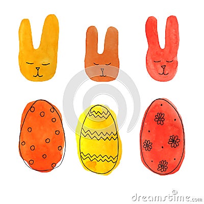 Watercolor set easter bunny and eggs Stock Photo