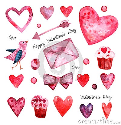 Watercolor set of elements for Valentine`s day Cartoon Illustration