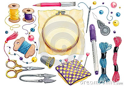 Watercolor set of embroidery tools Stock Photo