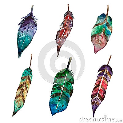 Watercolor set of 6 feathers in boho style. Stock Photo