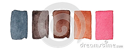 Watercolor set of five bright rectangular shapes with different colors: dark grey, brown variations, pink. Stock Photo