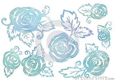 Watercolor Set of Floral elements in the style of line art on a white background. green and turquoise rose and leaf Stock Photo