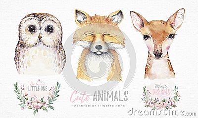 Watercolor set of forest cartoon isolated cute baby fox, deer and owl animal with flowers. Nursery woodland illustration Cartoon Illustration