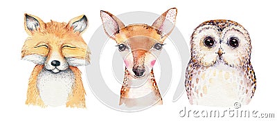 Watercolor set of forest cartoon isolated cute baby fox, deer, raccoon and owl animal with flowers. Nursery woodland Cartoon Illustration