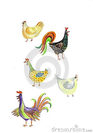 Watercolor set of four hand drawn chickens. Chicken farm watercolor illustration. Ideal for your design. Cartoon style. Cartoon Illustration