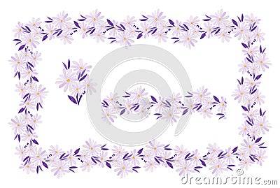 Watercolor set of a frame, a bouquet and a border of light lilac daisies. Stock Photo