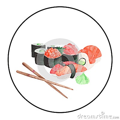 Watercolor set with a frame of Japanese food sushi Stock Photo