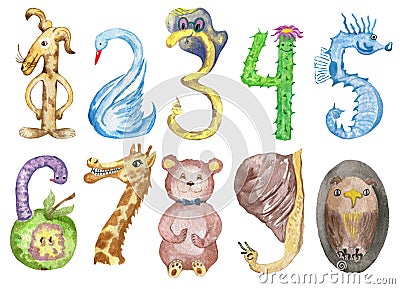 Watercolor set of funny numbers like animals Stock Photo