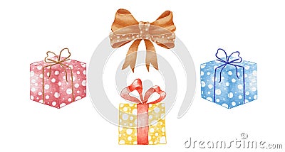 Watercolor Set with Gift Boxes and Bow. Festive Illustration Hand Drawn. Stock Photo