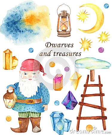 Watercolor set of gnome, moon, crystals, stairs, lantern. Stock Photo