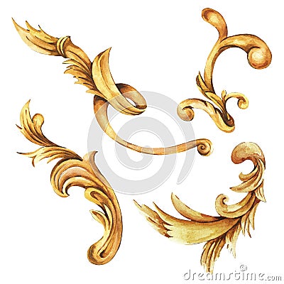 Watercolor set of golden baroque, rococo ornament elements. Hand drawn gold scrolls, leaves Stock Photo