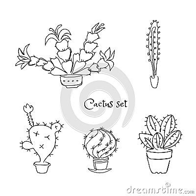 Watercolor set: green cactuses in a pots Vector Illustration