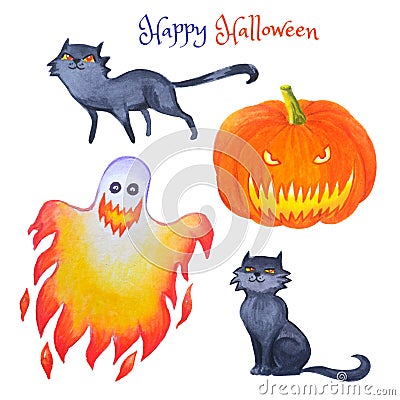 Watercolor set of halloween bright elements. Cartoon Illustration