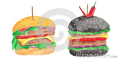 Watercolor set with a hamburger, cheeseburger, tomatoes, onions, cutlet, salad Stock Photo