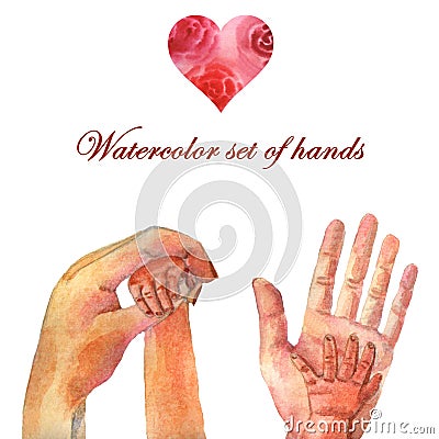 Watercolor set hands together on Mother`s Day Cartoon Illustration