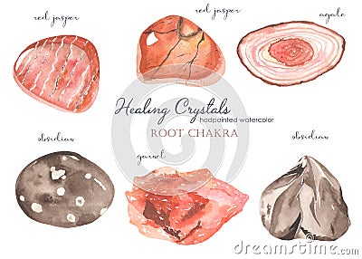 Watercolor set of healing crystals for root chakra obsidian, red jasper, garnet Stock Photo