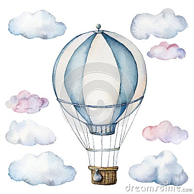 Watercolor set with hot air balloon and clouds. Hand painted sky illustration with aerostate isolated on white Cartoon Illustration