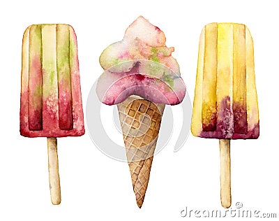 Watercolor set with ice cream. Hand painted illustration fruit ice and popsicle with waffle cone isolated on white Cartoon Illustration