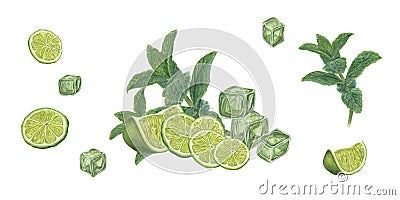 Watercolor set of Ice Cubes, Lime slices, Mint sprig isolated on white background. Composition and individual elements. Botanical Cartoon Illustration