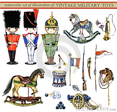 Watercolor set of illustrations of vintage military toys Cartoon Illustration