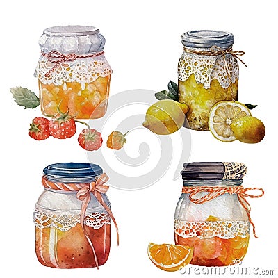Watercolor set of jam jars isolated on white background. Stock Photo