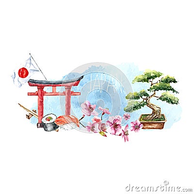 Watercolor set of Japan. Vector Illustration