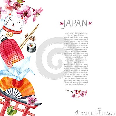 Watercolor set of Japan. Vector Illustration