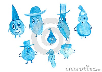 watercolor set of little blue funny men, in cartoon hats, in winter, in the cold child Stock Photo