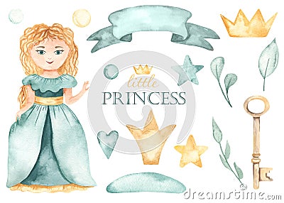 Watercolor set with little princess girl, crown, ribbon, leaves, hearts, stars in ultramarine green Stock Photo