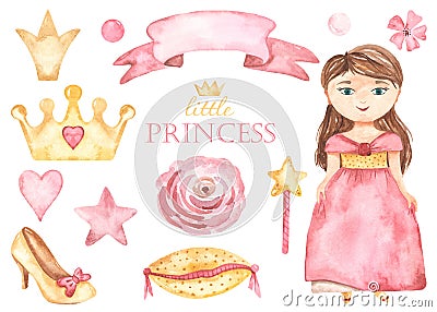 Watercolor set with little princess girl, crown, ribbon, shoe, pillow, heart, flowers in pink Stock Photo