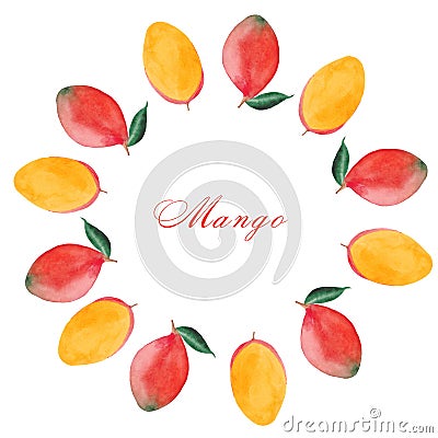 Watercolor set with mango, mango slices and leaves Stock Photo