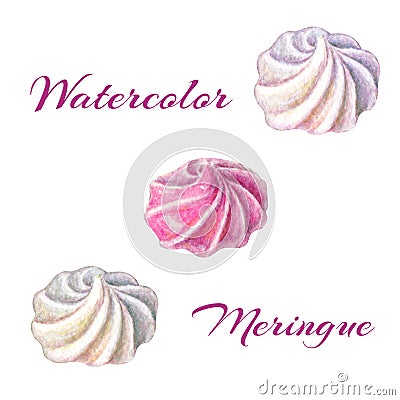 Watercolor set of meringues. sweets on white background. Hand painted gentle meringues isolated on white background. Stock Photo