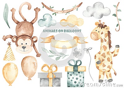 Watercolor set with monkey, giraffe, balloons, clouds, gifts, ribbon, leaves, lianas Stock Photo