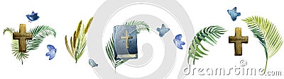 Watercolor set, Palm Sunday banner: palm branches, bible, cross, birds, spikelets of wheat, isolated on white background. For Stock Photo