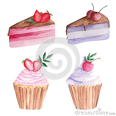 Watercolor set of a piece of cake with strawberries and cherries on a white background. Stock Photo