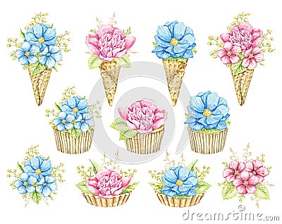 Watercolor set with pink and blue flowers in waffle cones and muffins Cartoon Illustration