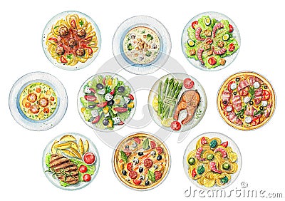 Watercolor set with plates with ten ready meals Cartoon Illustration