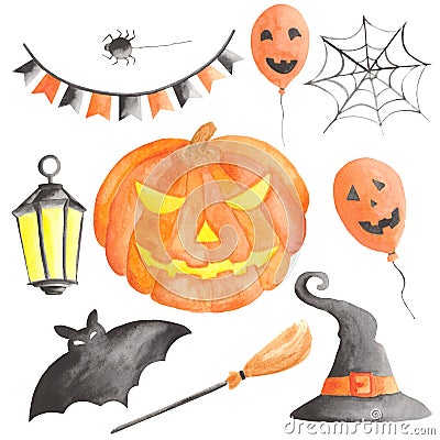 Watercolor set for halloween with pumpkin. Stock Photo