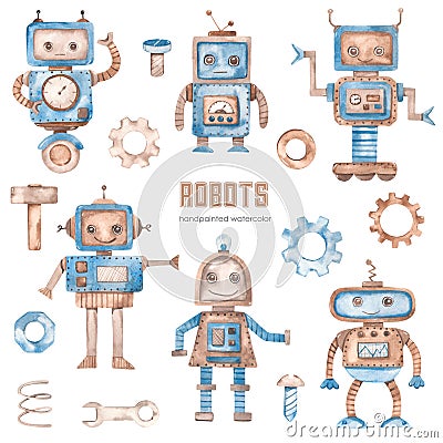 Watercolor set with robots, robot on wheels, robot girl, robot dancing, hammer, wrench, screwdriver, gear, bolt Stock Photo