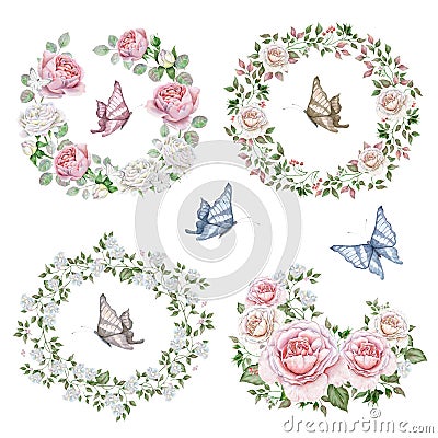 Watercolor set of rose wreaths and bouquets Stock Photo