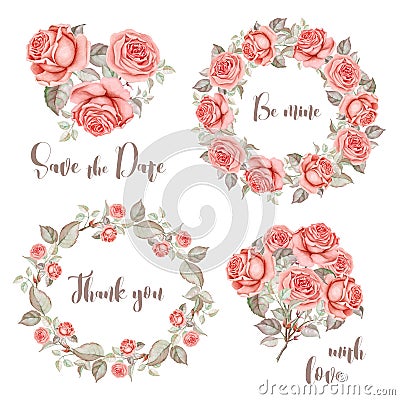 Watercolor set of rose wreaths and bouquets Stock Photo