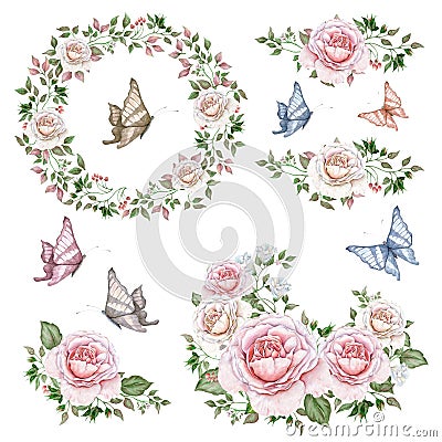 Watercolor set of rose wreaths and bouquets Stock Photo