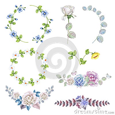 Watercolor set of rose wreaths and bouquets Stock Photo