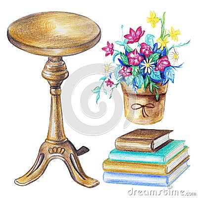 Watercolor set with round chair, pot with flowers and books Cartoon Illustration