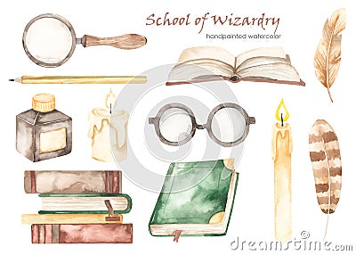 Watercolor set School of Magic with books, pen, inkwell, magnifying glass, glasses, candle, pencil Stock Photo