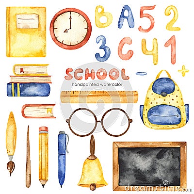 Watercolor set with school subjects, blackboard, books, pen, pointer, numbers, letters, watches, backpack Stock Photo