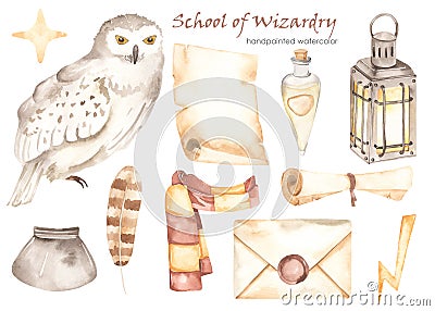 Watercolor set School of Wizardry with owl, scarf, letter, scroll, potion, lantern, inkwell Stock Photo