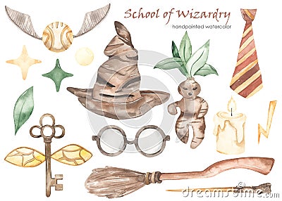 Watercolor set School of Wizardry with talking hat, snitch, tie, mandrake, broom, candle, key, glasses Stock Photo