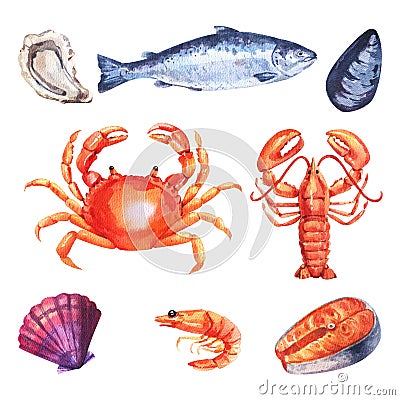 Watercolor set of sea food with mackerel, squid, prawns and mussels drawn by hand isolatedon a white background Stock Photo