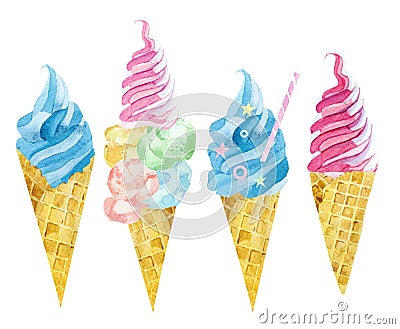 Watercolor set of sot ice cream in waffle cone. Summer yammy dessert Stock Photo